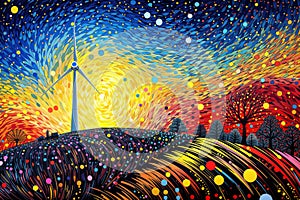 Abstract Windmill & Sunset Field: Colorful Dots & Red Sky, generative ai