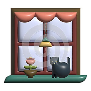 Abstract window with cat 3D rendering