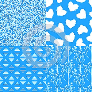 Abstract winter blue white roses, wild flower, heart. Set of seamless patterns backgrounds.