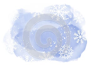 Abstract winter landscape on light blue watercolor spots with snowflakes on white background and copy space