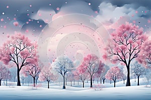 Abstract winter landscape with pink trees covered with frost