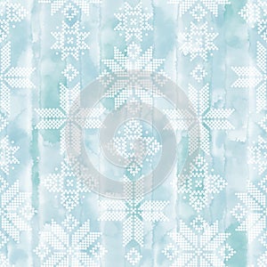 Abstract winter seamless pattern on blue watercolor background. Scandinavian theme. Geometric decor of polka dots.Perfect for