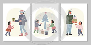 Abstract winter set of Christmas and New Year holiday greeting cards with family, children, Christmas tree