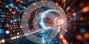 Abstract wire cable tunnel with digital binary data showcasing technology and machine learning in a