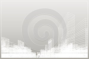 Abstract wireframe city background. Perspective 3D render of building wireframe