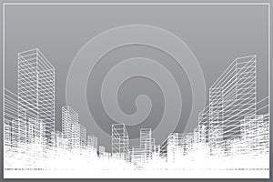 Abstract wireframe city background. Perspective 3D render of building wireframe