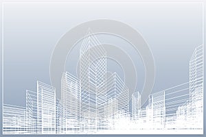 Abstract wireframe city background. Perspective 3D render of building wireframe