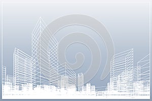 Abstract wireframe city background. Perspective 3D render of building wireframe