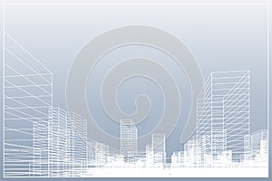 Abstract wireframe city background. Perspective 3D render of building wireframe