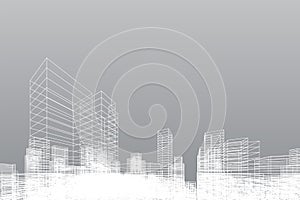 Abstract wireframe city background. Perspective 3D render of building wireframe. Vector