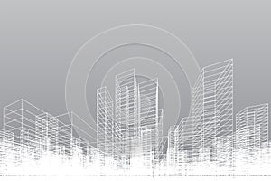 Abstract wireframe city background. Perspective 3D render of building wireframe. Vector