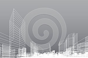 Abstract wireframe city background. Perspective 3D render of building wireframe. Vector