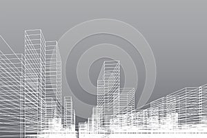 Abstract wireframe city background. Perspective 3D render of building wireframe. Vector