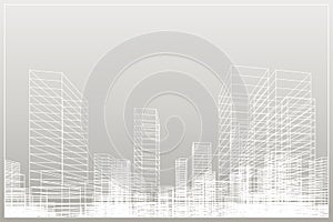 Abstract wireframe city background. Perspective 3D render of building wireframe. Vector