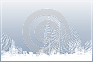 Abstract wireframe city background. Perspective 3D render of building wireframe. Vector