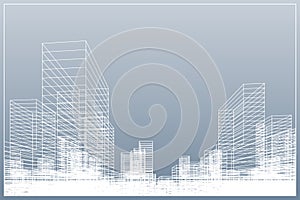 Abstract wireframe city background. Perspective 3D render of building wireframe. Vector