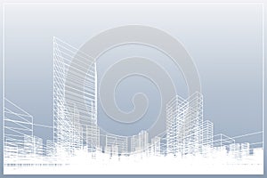 Abstract wireframe city background. Perspective 3D render of building wireframe. Vector