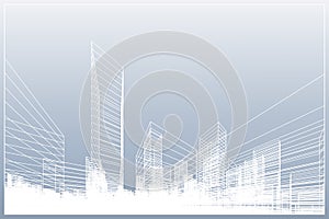 Abstract wireframe city background. Perspective 3D render of building wireframe. Vector