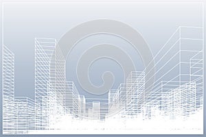 Abstract wireframe city background. Perspective 3D render of building wireframe. Vector