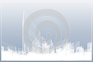 Abstract wireframe city background. Perspective 3D render of building wireframe. Vector