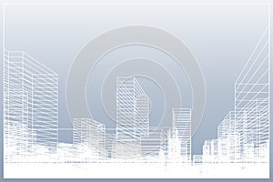 Abstract wireframe city background. Perspective 3D render of building wireframe. Vector