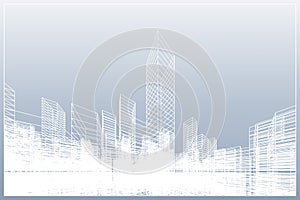 Abstract wireframe city background. Perspective 3D render of building wireframe. Vector