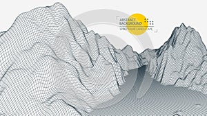 Abstract wireframe mountain background. Modern science or technology art elements. Surface illustration