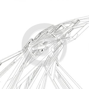 Abstract wireframe structure composed of intersecting geometric lines and shapes.