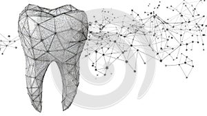 Abstract wireframe tooth structure with connecting network nodes on white background.