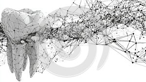 Abstract wireframe tooth structure with connecting network nodes on white background.