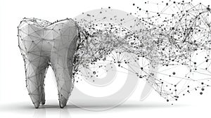 Abstract wireframe tooth structure with connecting network nodes on white background.