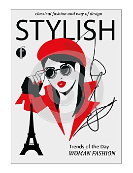 Abstract woman with beret and red clutch on striped background. Fashion magazine cover design
