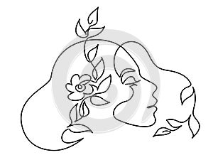 Abstract woman face with flower and leaves. Continuous one line drawing.