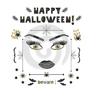 Abstract woman face with golden eyes and long lashes and eyebrows Happy Halloween beware card