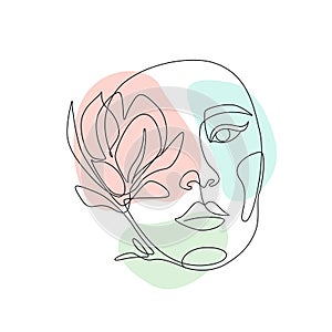 Abstract woman face with magnolia flower in one continuous line drawing. Beautiful female portrait in simple linear