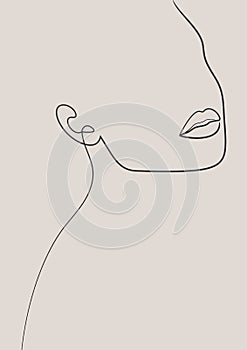 Abstract woman face portrait in minimalistic one line style. Female wall print. Body art poster. Modern model girl sketch template