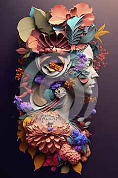 Abstract woman with flower arrangement.