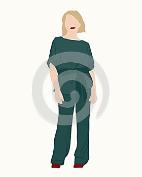 Abstract woman in full size. Stylish green pantsuit. beauty and fashion. Concept of feminism and freedom. Vector boho illustration