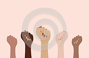 Abstract woman hands. Girl power movement mix tace, feminism concept contemporary style. Female raised fist. Vector illustration