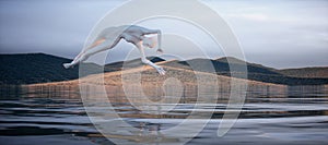 Abstract woman jumping into the lake