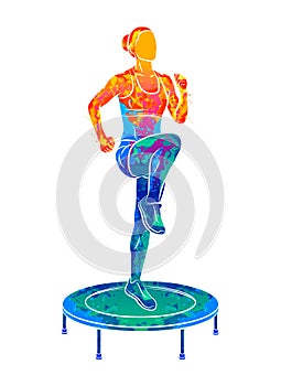 Abstract woman jumping on trampoline. Young fitness girl trains on a mini trampoline
