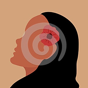 Abstract woman looking up. Hand drawn female profile face silhouette with a red flower in her hair. Minimal design