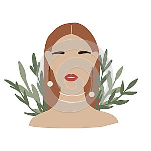Abstract Woman in minimal style. Modern Fashion Female faceless portrait. Girl in green leaves