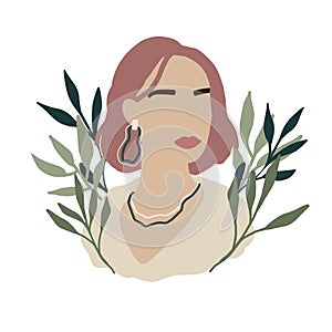 Abstract Woman in minimal style. Modern Fashion Female faceless portrait. Girl in white dress and with earrings in green leaves