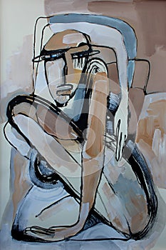 abstract woman in the painting in brown and gray shades. photo