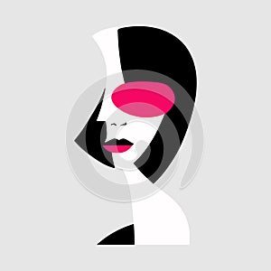 Abstract woman portrait artwork in minimalistic flat style. Female art poster. Elegant lady art in black and pink colors