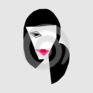 Abstract woman portrait artwork in minimalistic flat style. Female art poster. Elegant lady art in black and pink colors