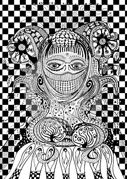 Abstract woman priestess line art black and white