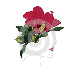 Abstract woman profile with red hibiscus flowers.