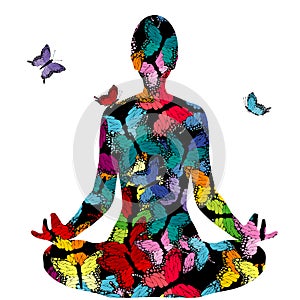 Abstract woman silhouette in yoga pose with butterflies